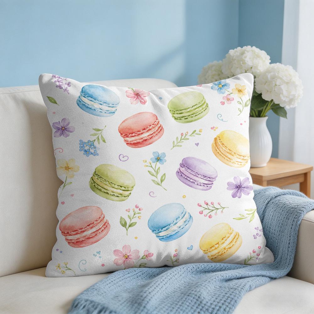 Macarons and Floral Cushion Cover Short Plush Soft DoubleSided Printing Pillow Case Cozy Sofa Bedroom Home Decor Gift
