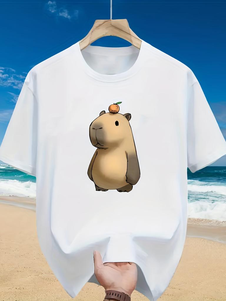 Cute Capybara T Shirt With Orange On Head Funny Animal Graphic Tee Harajuku Streetwear Top Casual Unisex Short Sleeve Tshirt