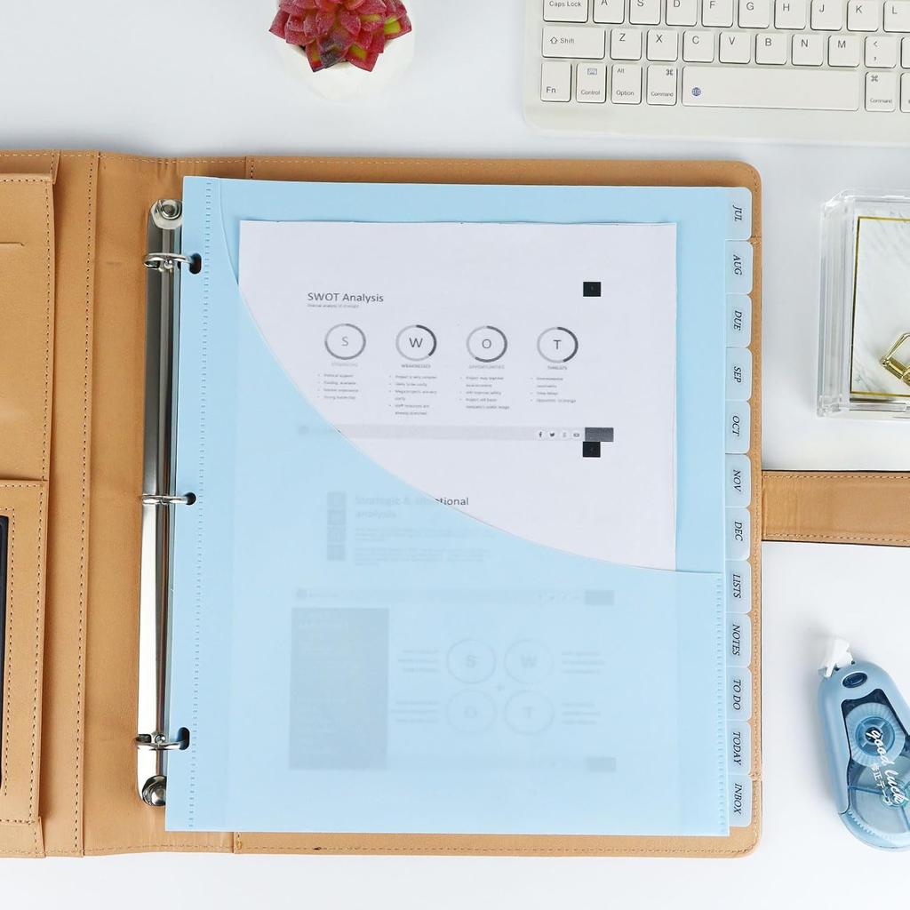 Dividers for 3 Ring Binder, 12-Tab Plastic Binder Dividers with Front Pocket, ertable Translucent Blue Tab Dividers for 3 Ring Loose Leaf Binders,