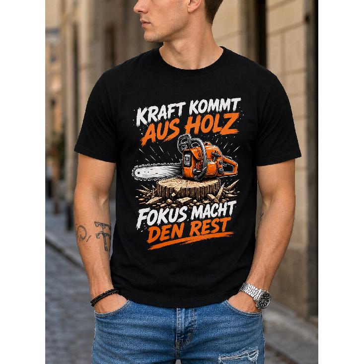 Men's Black Short Sleeve Crewneck T-Shirt with Chainsaw Graphic & German Text, Soft Cotton Blend for Casual Wear or Lumberjack Enthusiasts