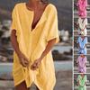 Damen Unifarben Kurzarm O-Ausschnitt Knöpfe Locker Übergröße Mittellanges T-Shirt