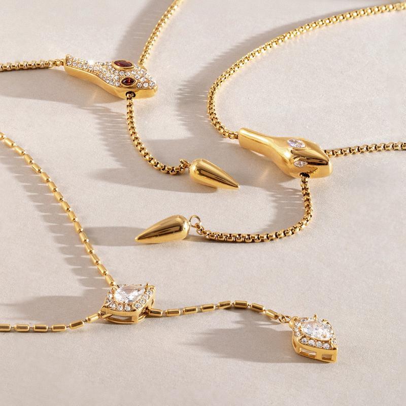 Luxury Snake Shape Zircon Adjustable Necklace For Women Gold Pvd Plated Stainless Steel Waterproof Jewelry