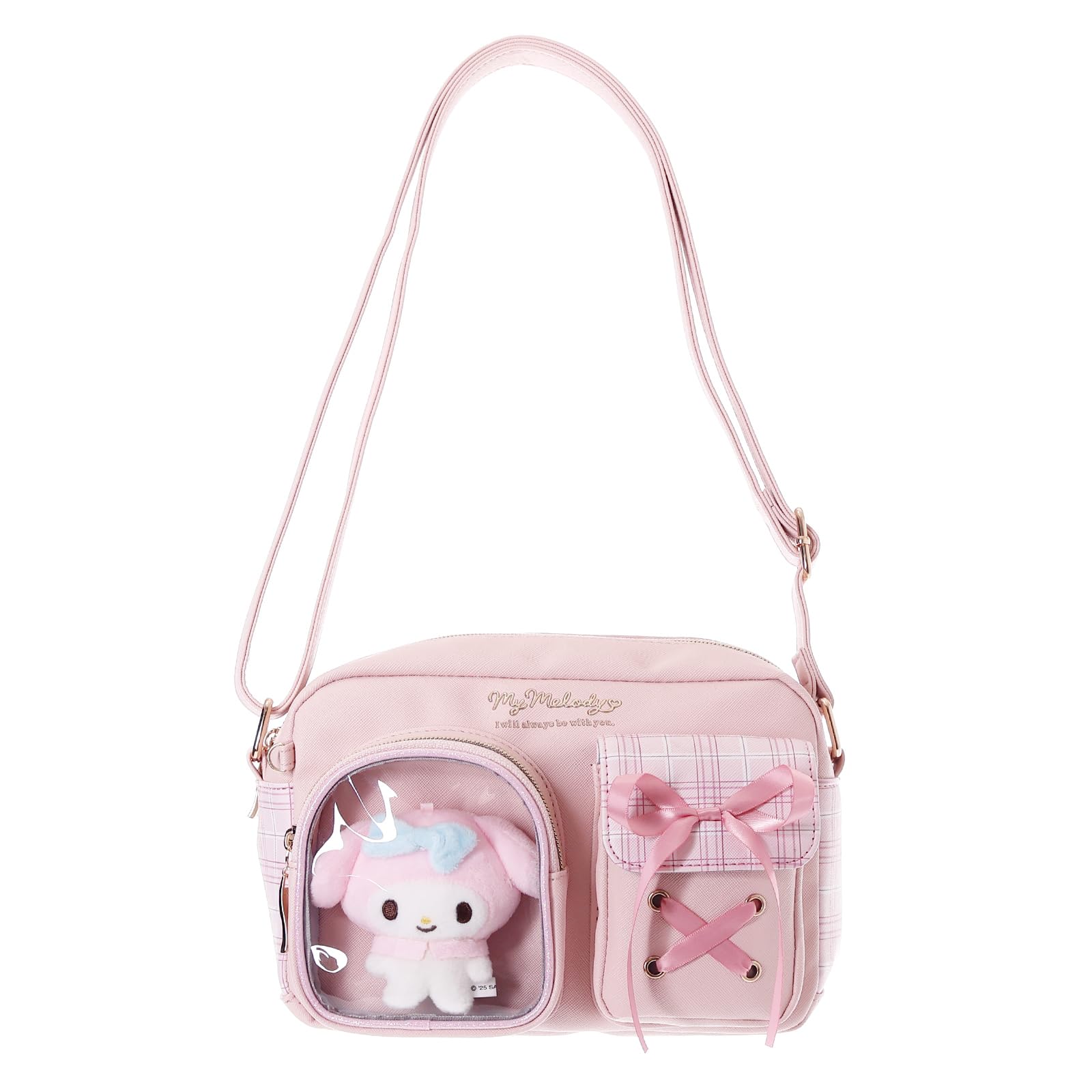 

Sanrio Characters Checkered Shoulder Bag with Plush Toy, 16 x 22 x 7.5cm, Synthetic Leather (My Melody)