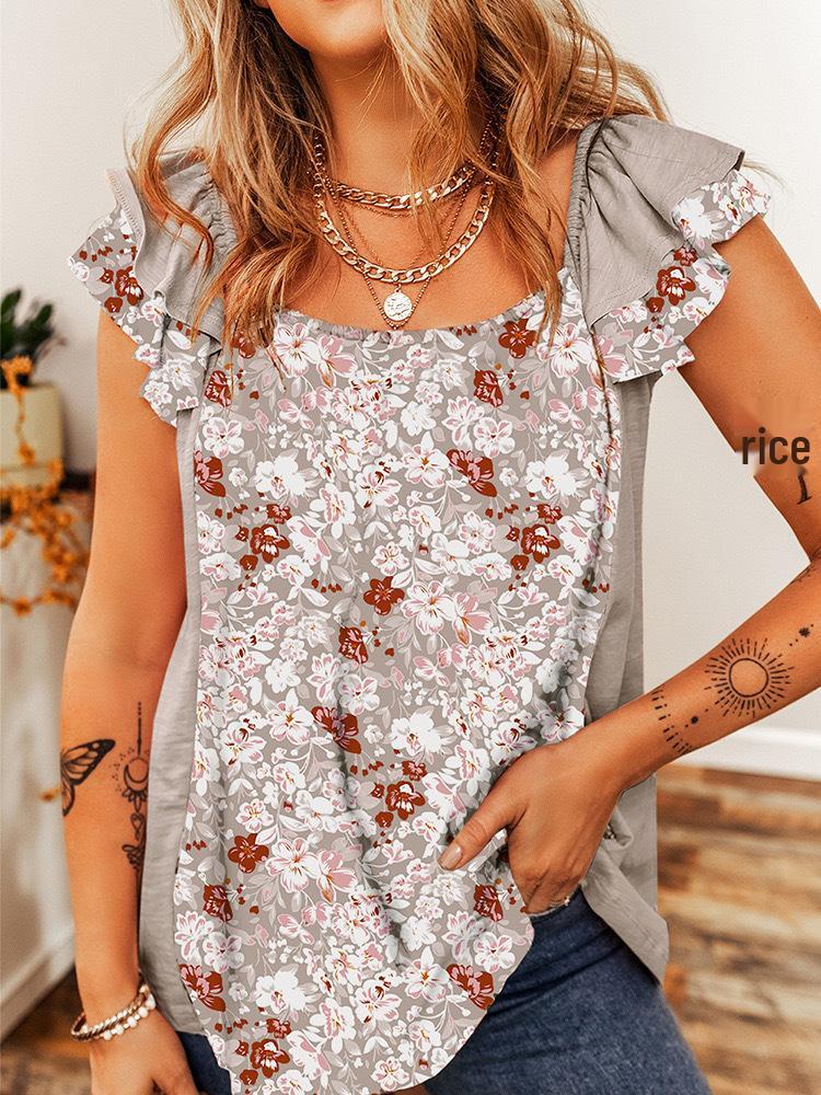 

Топ-жилет с плиссировкой и короткими рукавами, богемный цветочный, весна/лето 2025 X-Large светло-серый