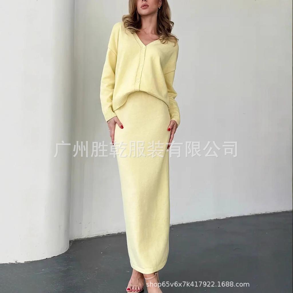 European and American Style Knit Cardigan Autumn/winter New Lazy Soft Soft Women's V-neck Sweater Skirt Set