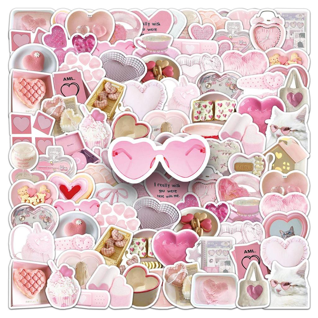 Heart-Shaped Pink Nordic Stickers - 50 pcs Waterproof DIY Decorative for Phone Cases