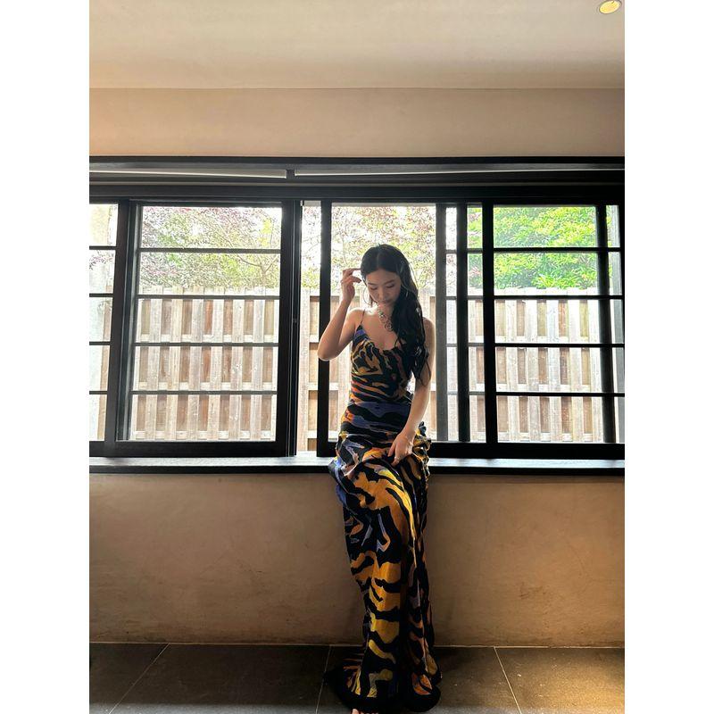 

Fashion Retro Sexy Printing Slip Dress Female Summer Sexy Pure Desire Pile Collar Open Back Hip Bag Fishtail Dress Color S