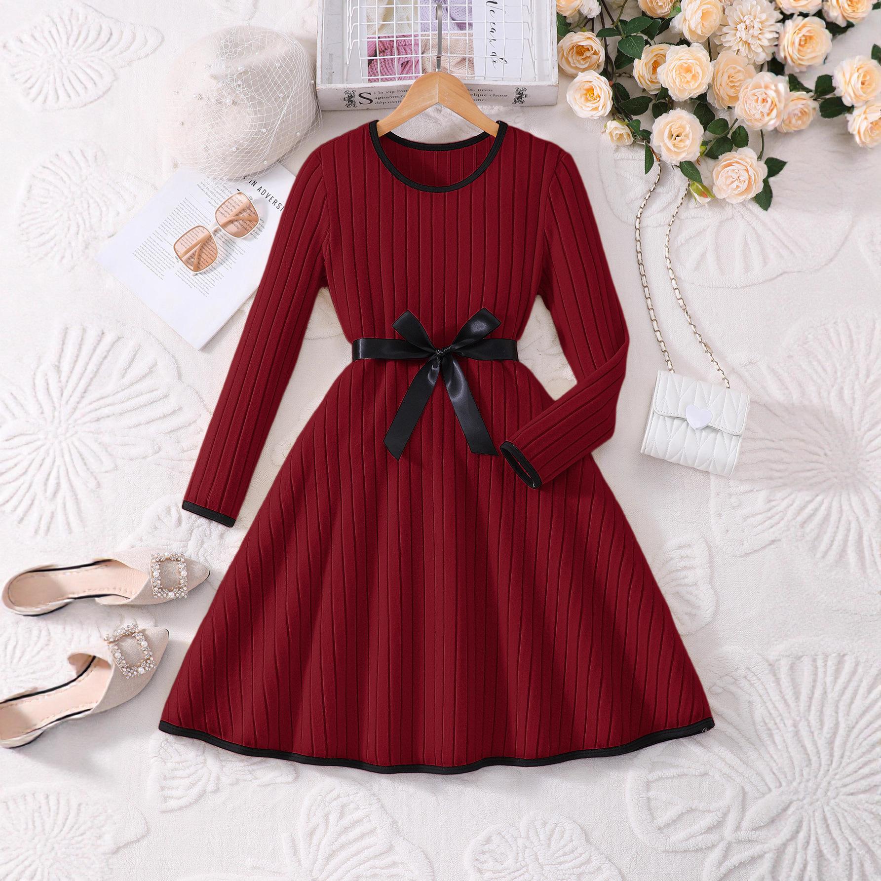 

Foreign Trade 8-12-year-old Girls Middle-aged and Older Children s Autumn and Winter Solid Color Pit Striped 8Y червоний