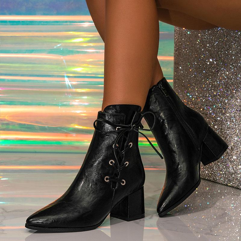 Eilyken Spring Design Fashion Pointed Toe Ankle Boot Women Square Heels Zipper Cross Strap Shoes Booties De Mujer