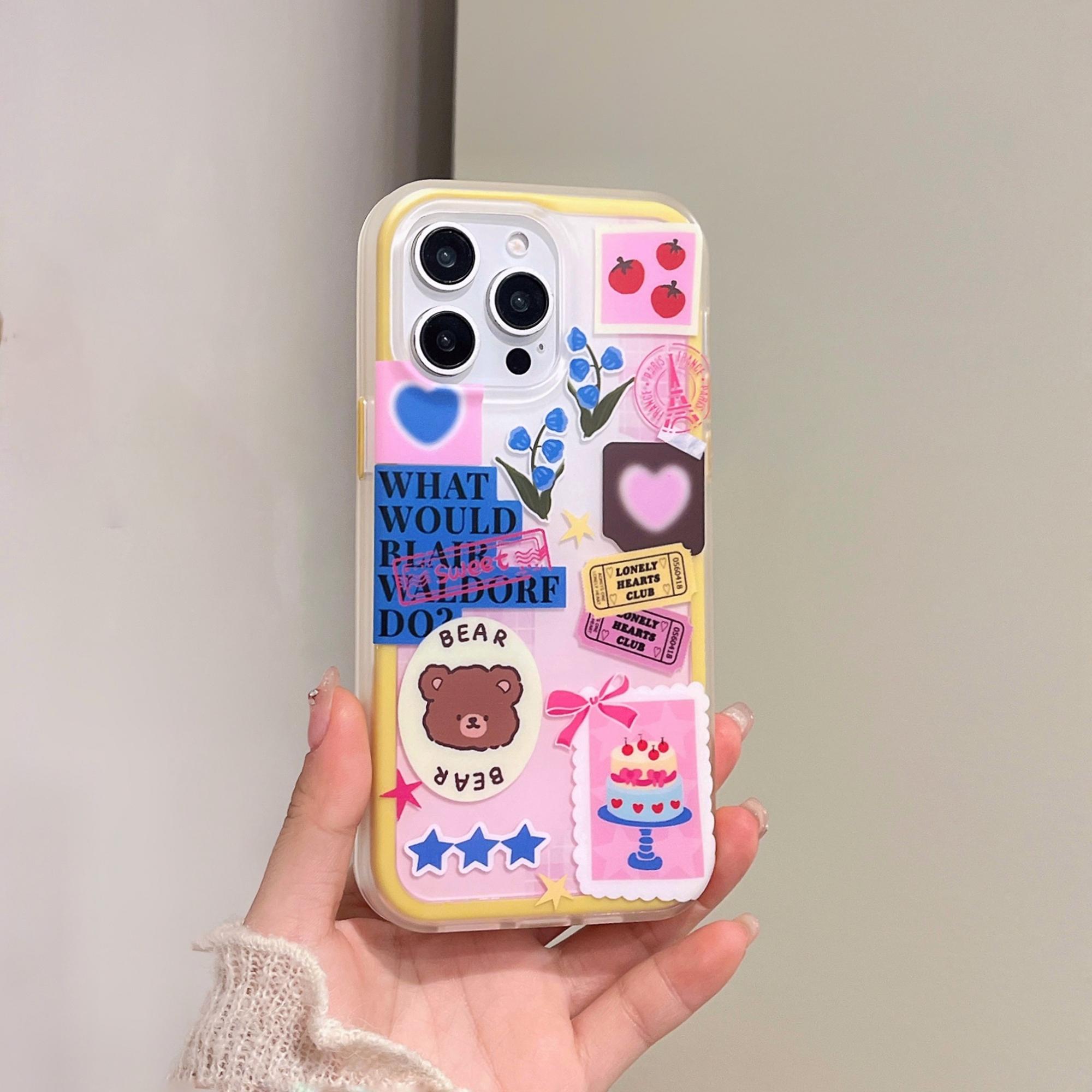 

For iPhone 16 Pro Case IMD Cartoon Bear Sticker Design TPU Shockproof Phone Cover A