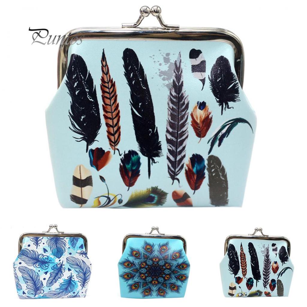 Buy Fashionable Retro Feather Printed Faux Leather Hasp Closure Women Coin Purse Card Key Bag at