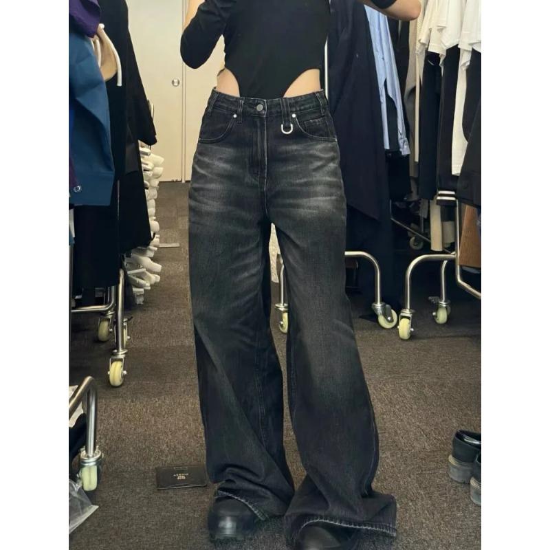 Vintage svarte jeans med brede ben Kvinner Overdimensjonert High Street Koreansk mote Baggy denimbukser Grunge Y2k kvinnelig hip hop