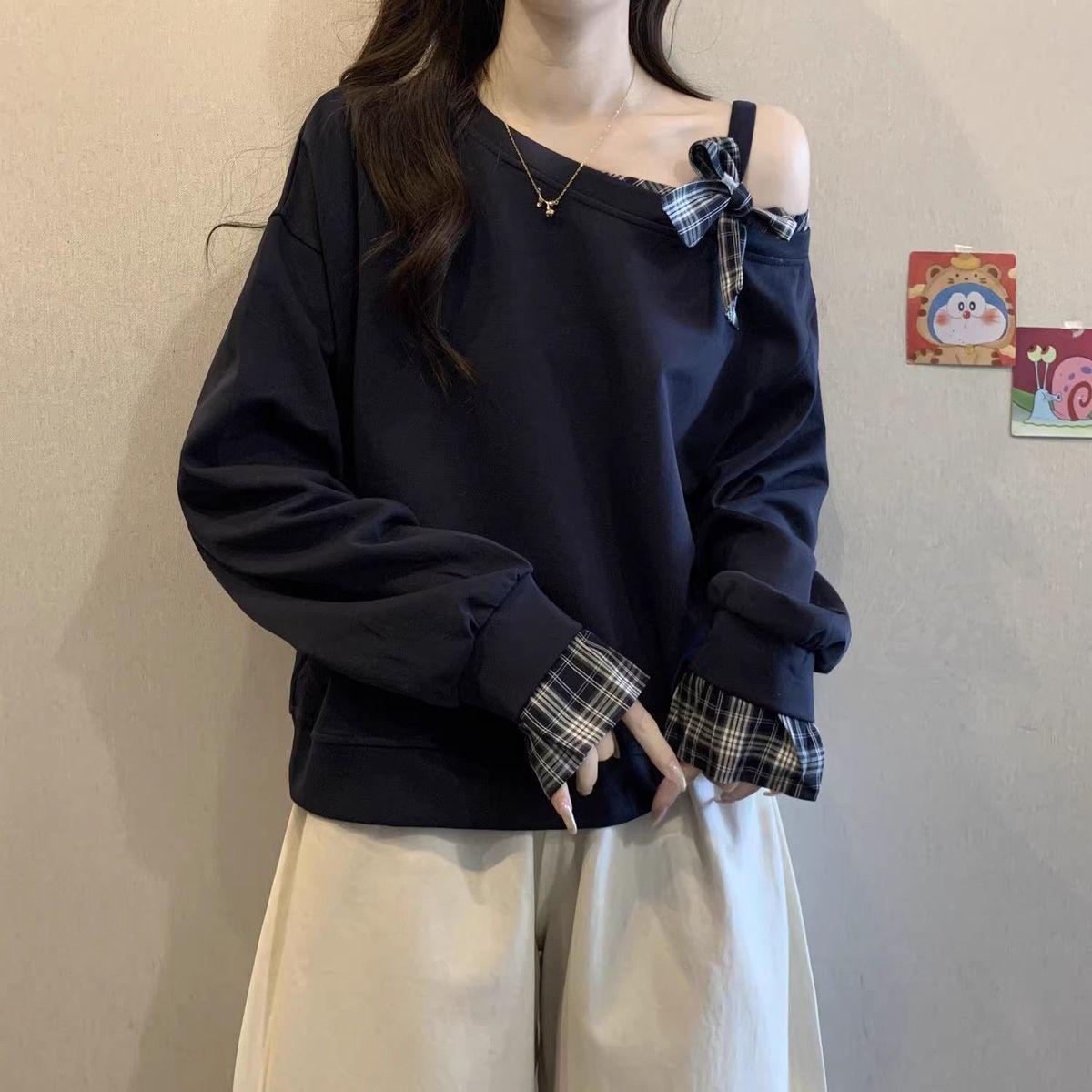 Plus Size Plaid Patchwork One-Shoulder Hoodie - Slimming Long Sleeve Top for Spring & Autumn 3XL (161-180 lbs) темно-синий