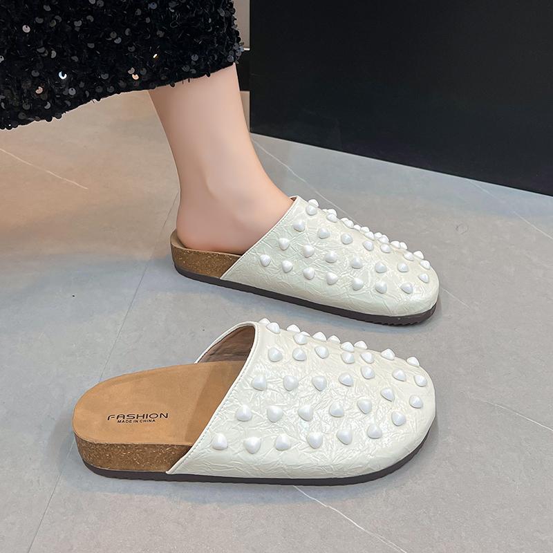 Fashion Low Heel Flat Bottom Baotou Breathable Slippers Women's Summer New Round Toe Shallow Rivet Lazy Slip-on Slip-on Shoes