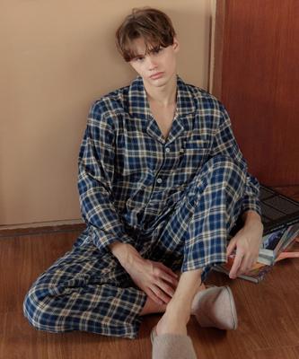 [May Flower] Navy Tartan Check Long Sleeve Lightly Brushed Pure Cotton Men's Pajama Set [Shipped from Korea] 100% Authentic