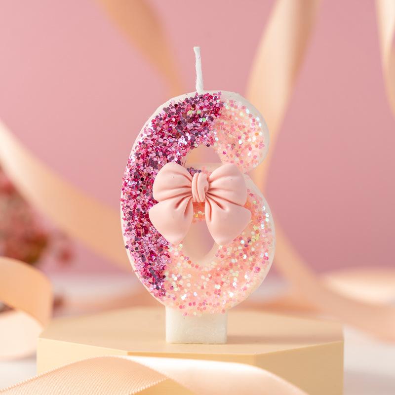 Creative Sequin Pink Bow Color Block Candle Anniversary Digital Birthday Cake Candle Decoration
