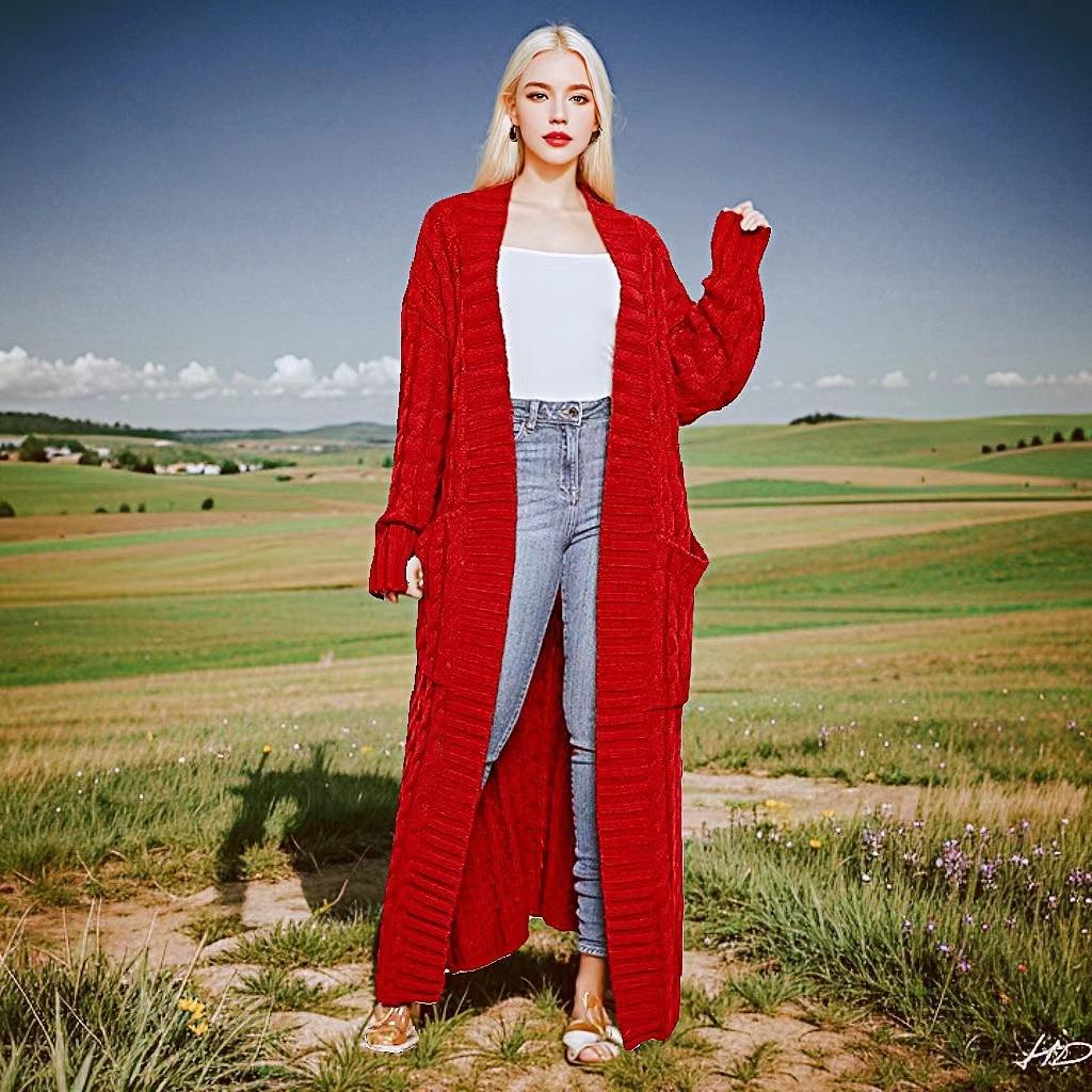 

Открытый передний кардиган с косами, длинный кардиган для женщин с длинным рукавом, свободный, модный, повседневный, открытый кардиган, трикотаж, однотонный XXXL красный