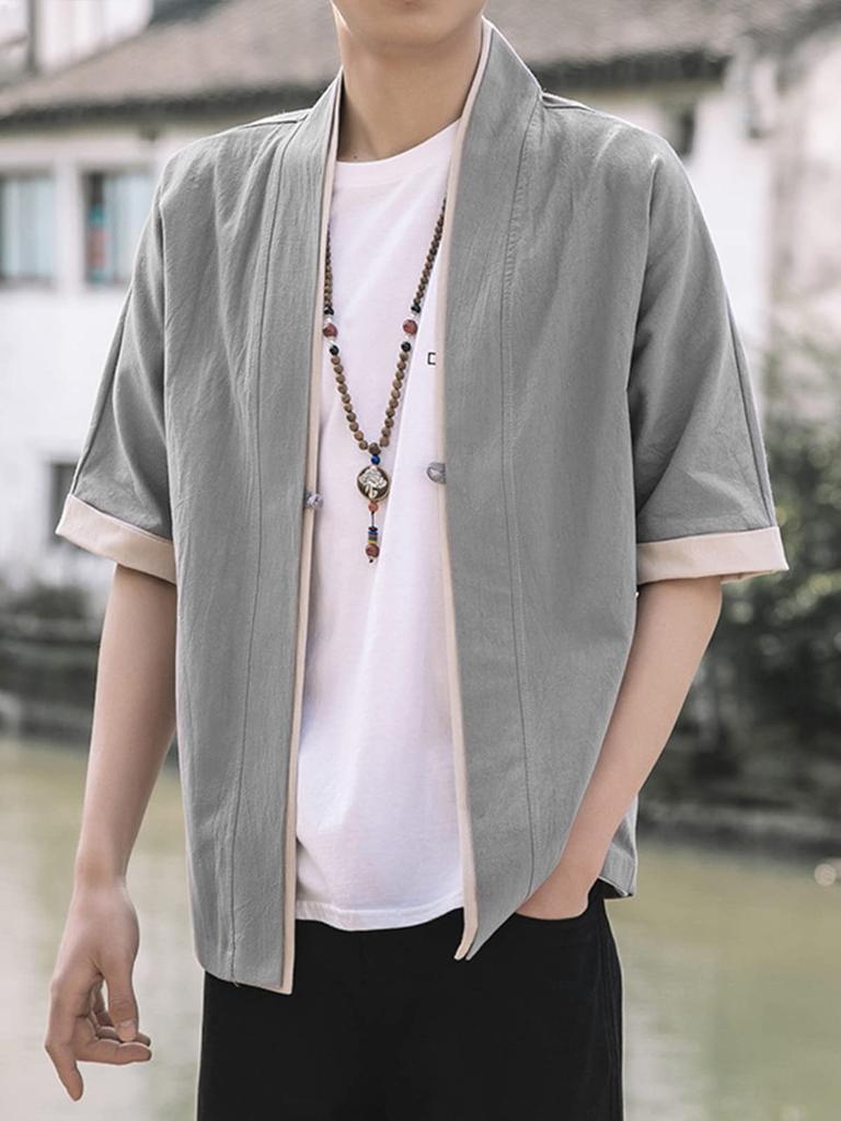 YF Men's Jinbei Cardigan Shirt Top, Haori (Cotton Jacket), Loose Fit, Plus Sizes, Japanese Style, Workwear, Samue, Short Sleeve, 5/8 Sleeve, Solid Col