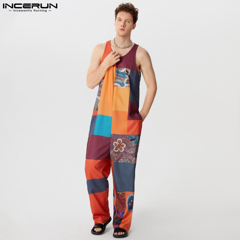 

INCERUN Мужской винтажный цветочный принт пэчворк длинный комбинезон комбинезон S оранжевый