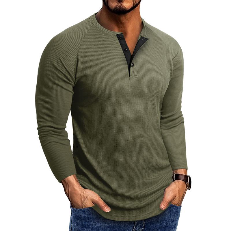 Men Casual Waffle Knit Henley Long Sleeve T Shirt