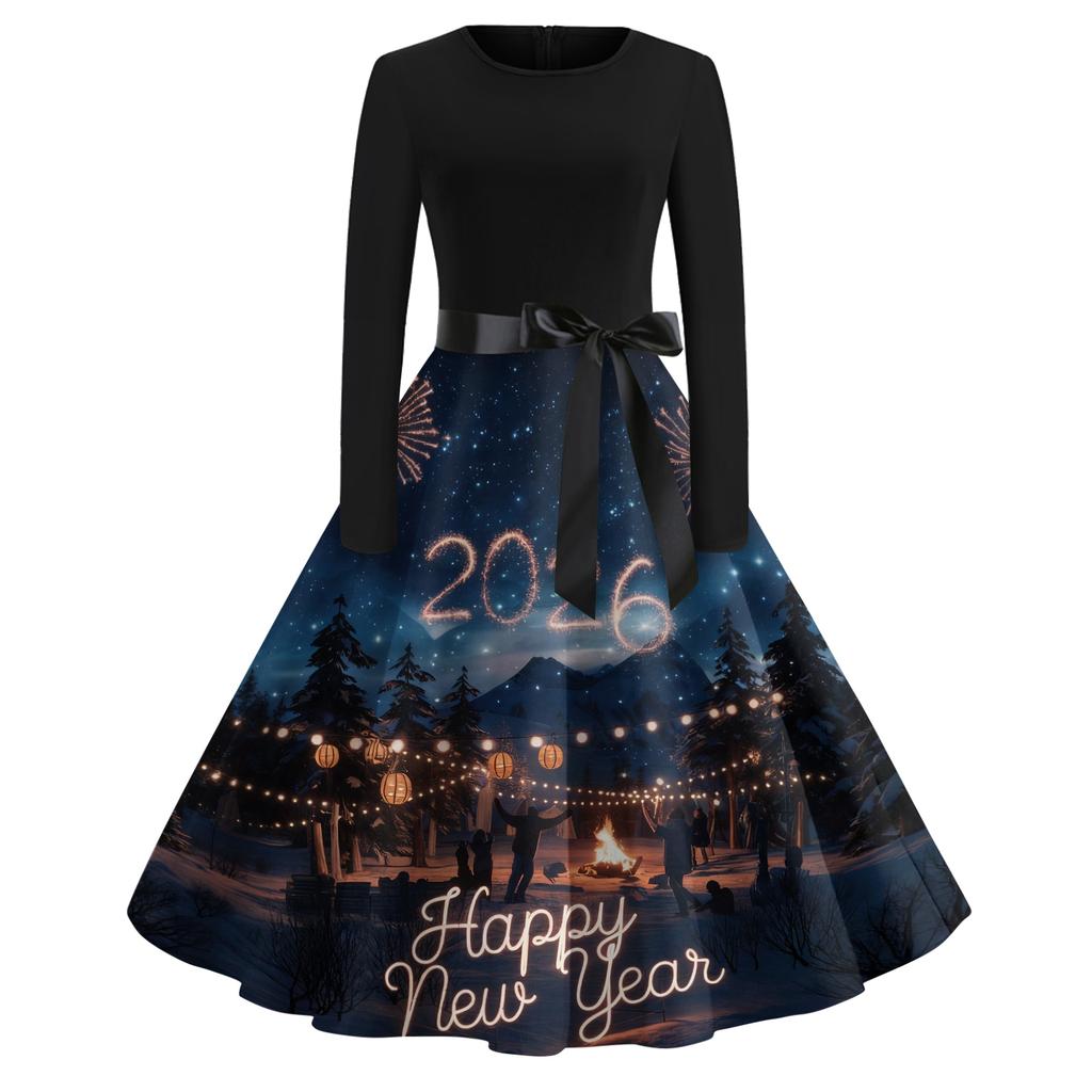Women's Casual Fashion Round Neck Long Sleeve New Year Printed Retro Dress