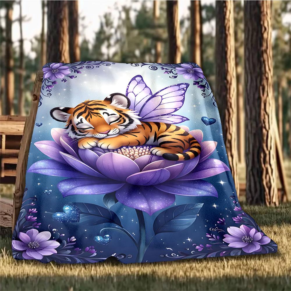 1pc Tiger Fairy Flower Throw Blanket Polyester Fiber, Lightweight Flannel, Soft & Warm, All Season Use for Outdoor, Camping Digital Print