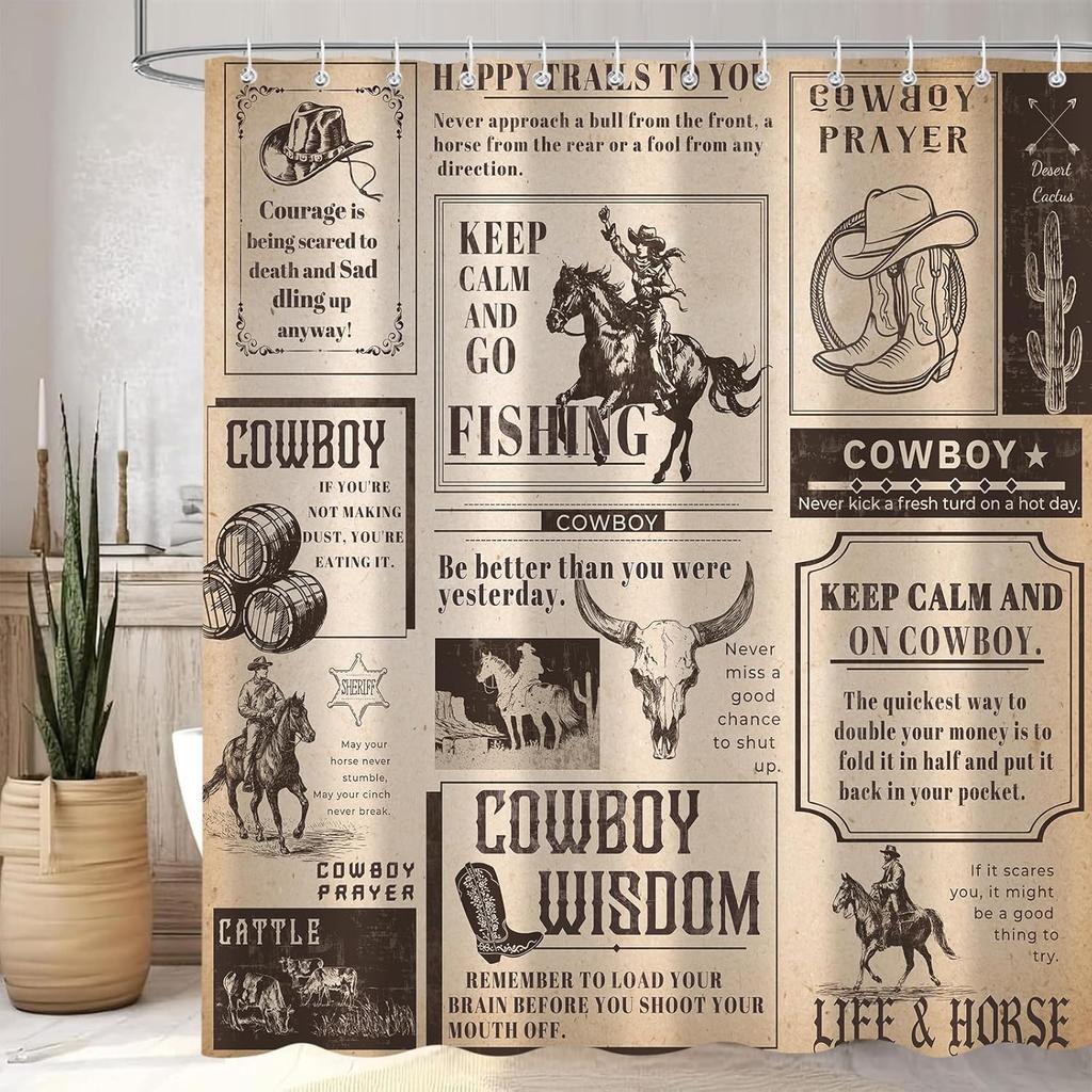 Cute Highland Cow Shower Curtain, Cactus Western Aztec Cattle Farm Animal Southwest Boho Bohemian Bathroom Curtains, Waterproof