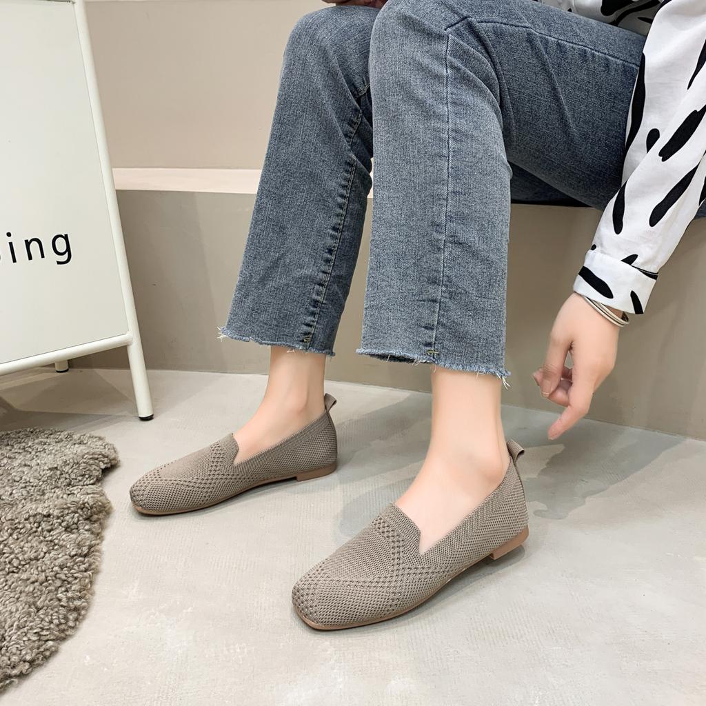 2024 Solid Color Square Toe Mesh Loafers Shallow Women Flats Shoes Soft Bottom Knit Ballet Flats Shoes Casual Slip On Boat Shoes