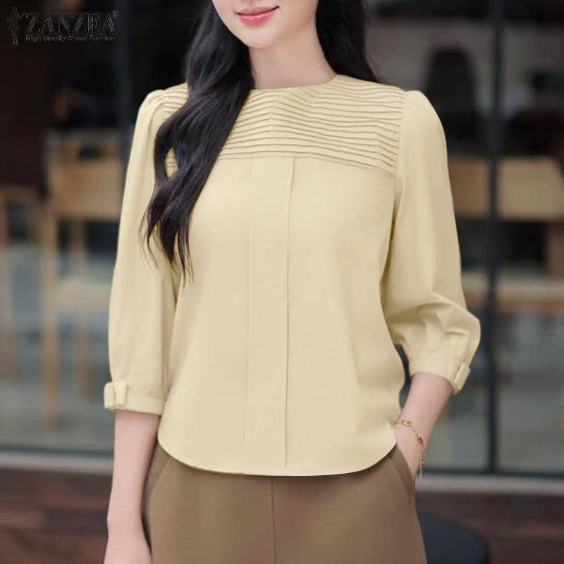 ZANZEA Blusa Casual de Manga 3/4 y Cuello Redondo Holgada para Mujer
