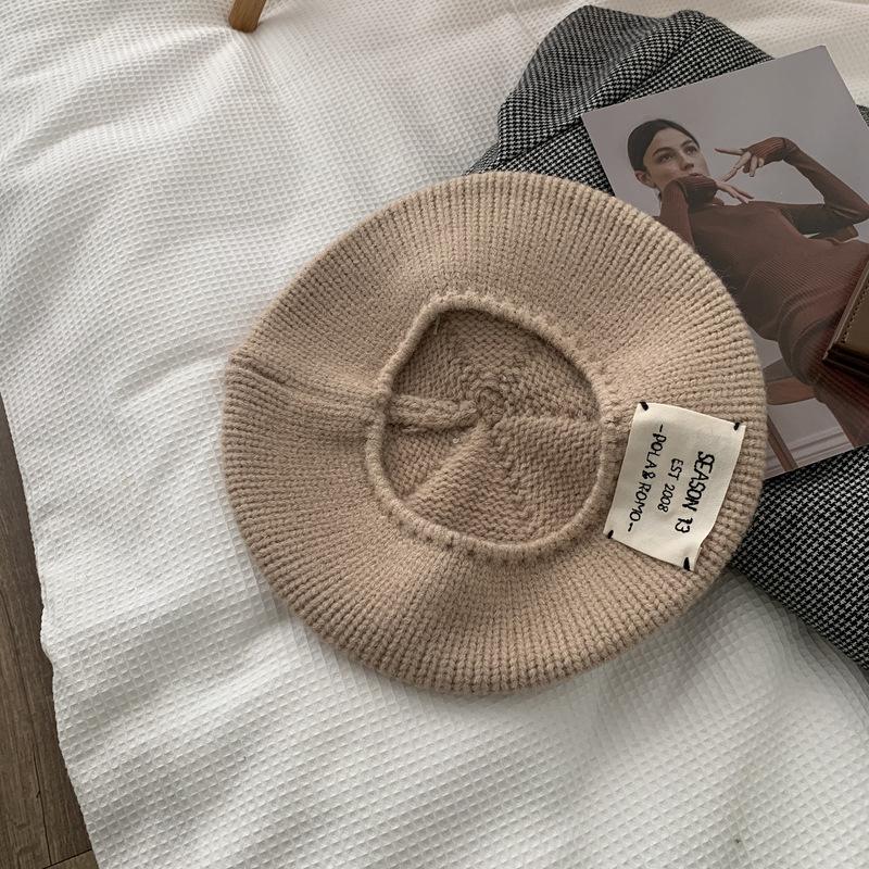 Porridge Cocoa Knitted Hat Woolen Hat Label Beret Women Autumn and Winter Versatile Warm Big Head Painter Hat
