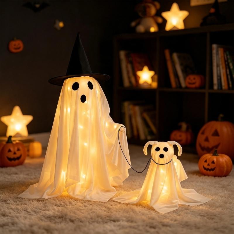 Figurine de Chien pour Halloween avec un Aspect Chaud Éclairé, Fonctionne à Piles, Accent d'Intérieur pour Étagère d'Entrée, Vitrine et Décoration de Fête à l'Intérieur