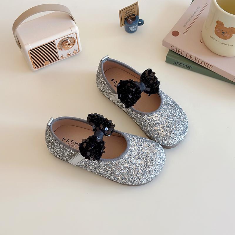 

Girls Princess Shoes Shiny Sequins Big Bow Kids Flat Shoes Non-slip Soft Sole 2025 New Girls Dance Shoes Silver Round Toes Ins 22 серебряный