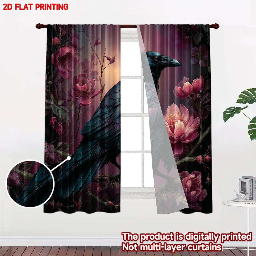 Set Of 2 Flat Printing Happy Valentine Day Party Curtain Crows Flowers Print Digital Printed Polyester Drapes Festive Made