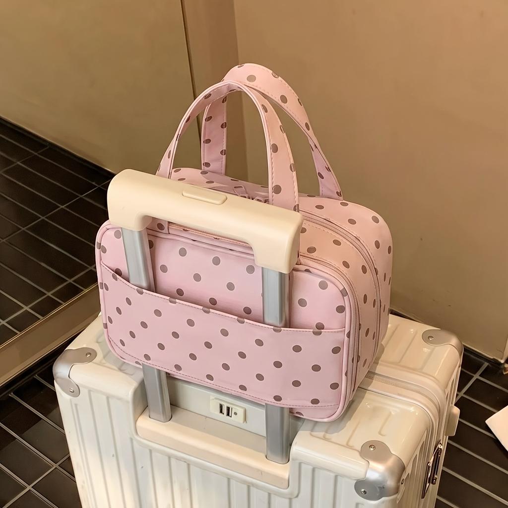 2026 New Polka Dot Pu Travel Toiletry Large Capacity Three Tier Multi Pocket Organizer Hanging Suitcase Storage Handbag Handle