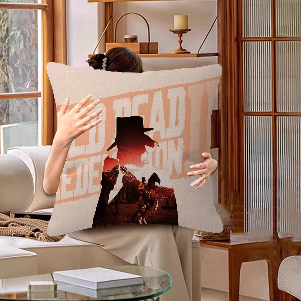 Funda de Almohada para TV de Juego Red-Dead-Redemption 2 Dibujos Animados Decorativa para Sofá del Hogar Impresión a Doble Cara Felpa Corta Funda de Cojín Linda