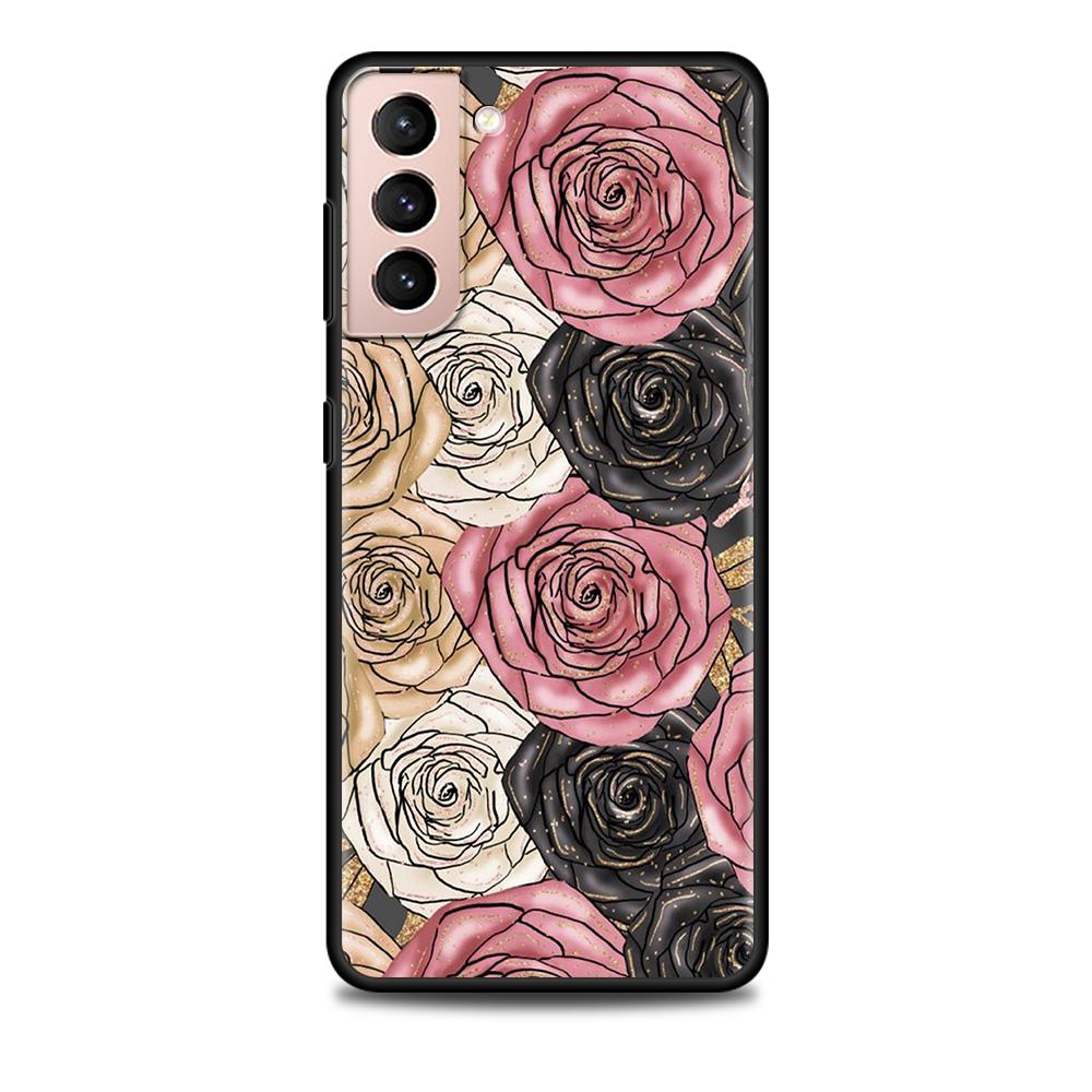 Pink Rose Bling Print Case for Samsung Galaxy S20 FE S21 S22 Ultra S10 Plus S9 S8 S10e S7 Edge Silicone Black Soft Phone Cover