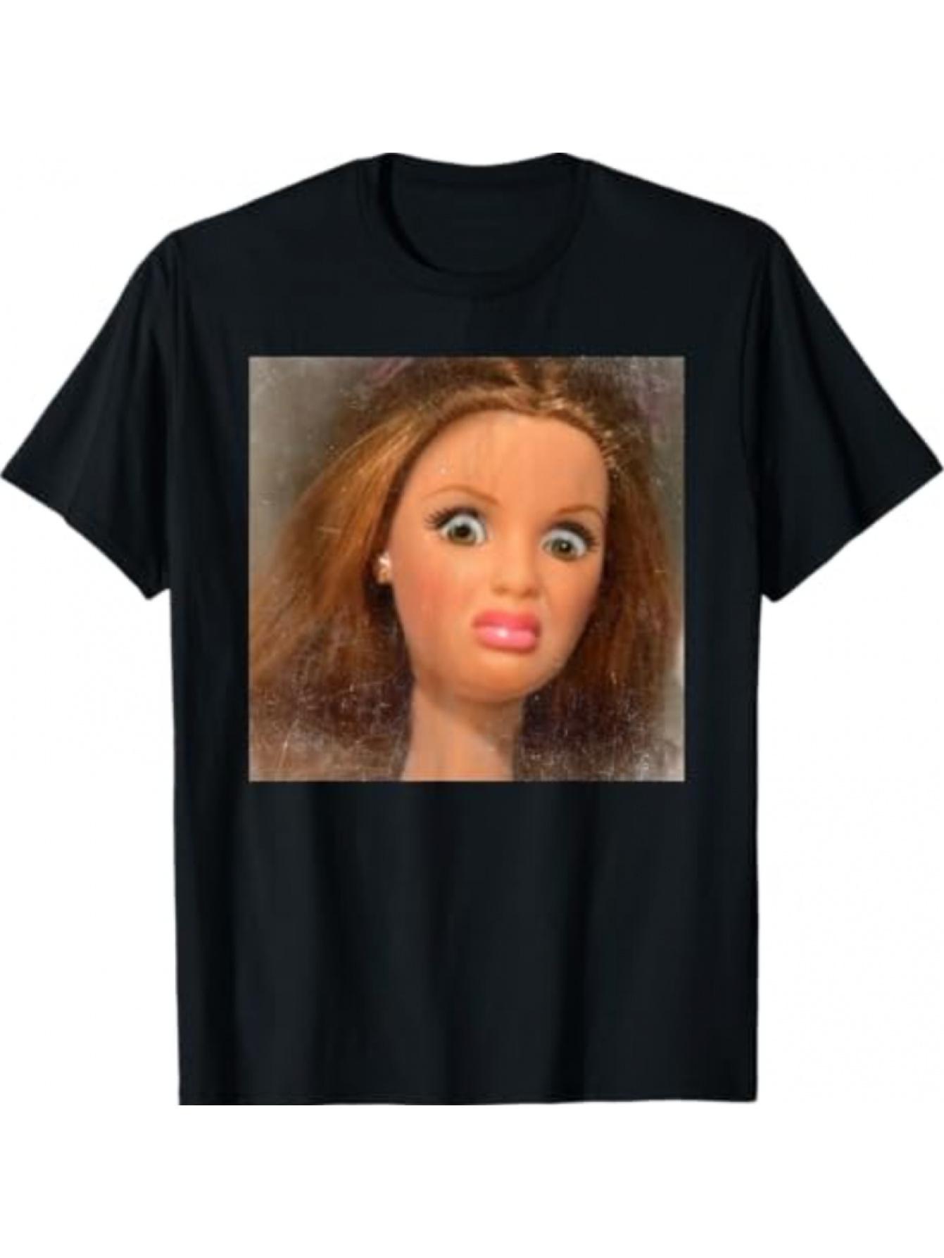 

Funny Creepy Doll Face Meme T-Shirt - Features Scary Realistic Doll Eyes & Expressive Face Print S