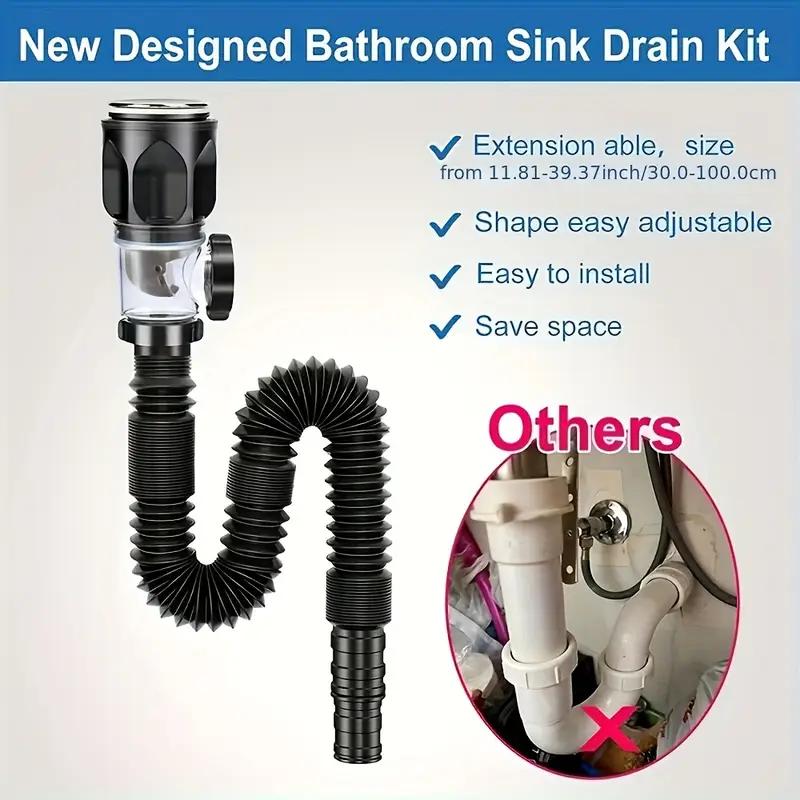 Bathroom Sink Drain Kit, Metal P-Rap Sink Drain Pipe with Elastic and Expandable Design for 1-1/4 Inch and 1-1/2 Inch Drain Holes, Odor Prevention