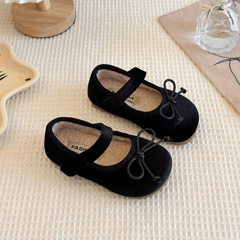 Autumn/Winter Girls' Bow Cotton Baby Flats, Versatile Velvet Low-Cut Princess Shoes