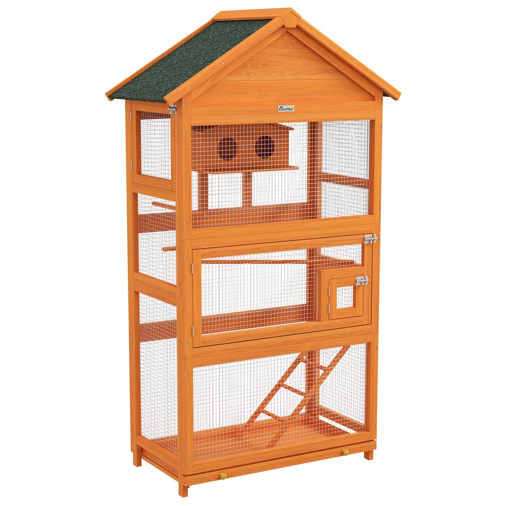 Holz Vogelkäfig Papageienkäfig Spielbereich Wasserdichtes Asphalt Dach 92 x 52 x 171 cm Orange