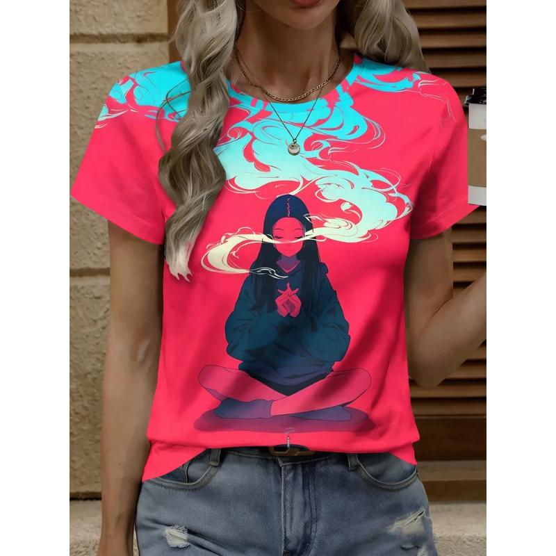 Moda Donna Girocollo Manica Corta Stampa Colore 3D Casual T-shirt Casual a Manica Corta Girocollo