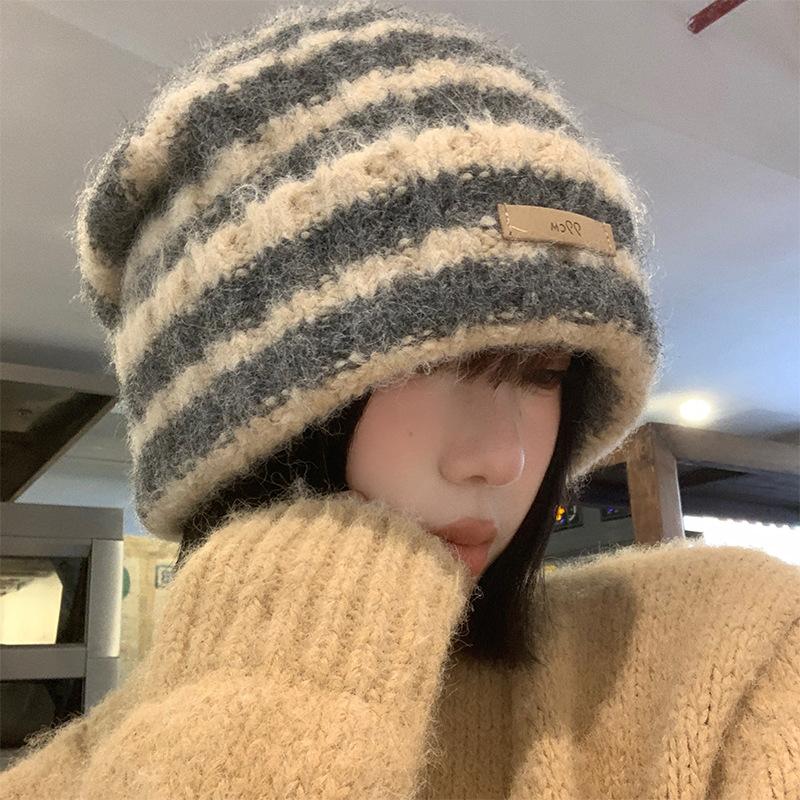 Color-blocked Striped Woolen Hat for Women, Autumn and Winter, Japanese Style, Loose, Warm, Ear-protecting, Slouchy Knit Hat for Large Head