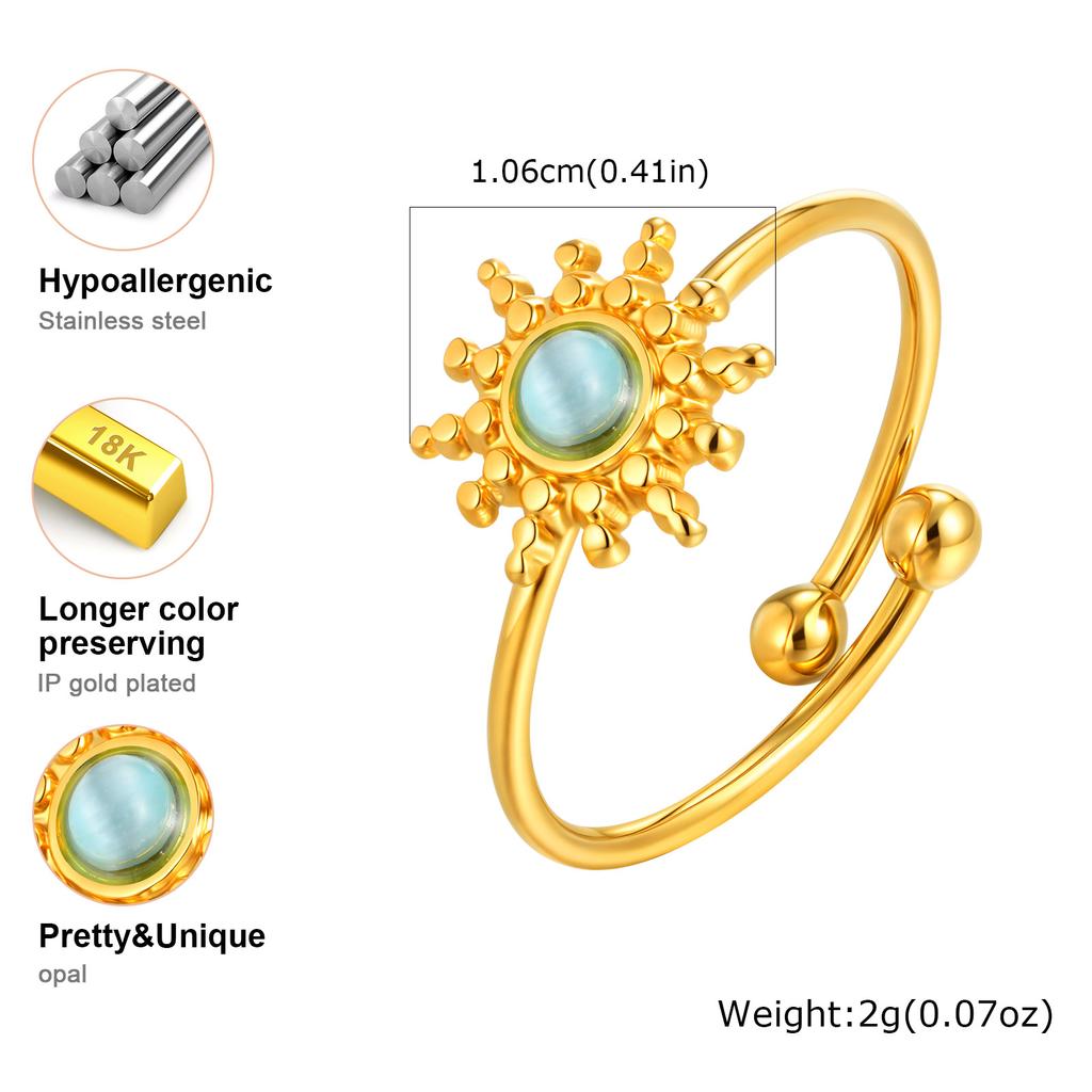 Waterproof Sun Shaped Nature Opal Stone Ring for Women, Stainless Steel Gold Plated Adjustable Finger Ring, Vintage Chic Jewelry