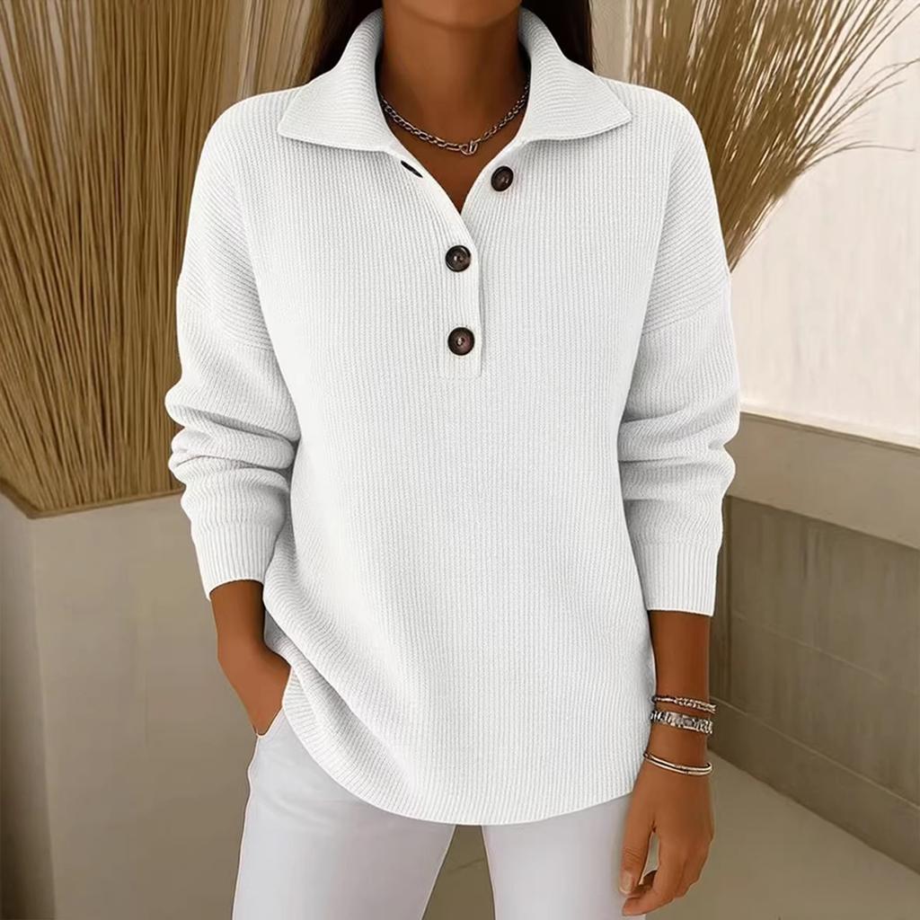 Women's Long Sleeve Pullover Sweater Button Front Knit Top with Collar Casual Lightweight Soft Fabric