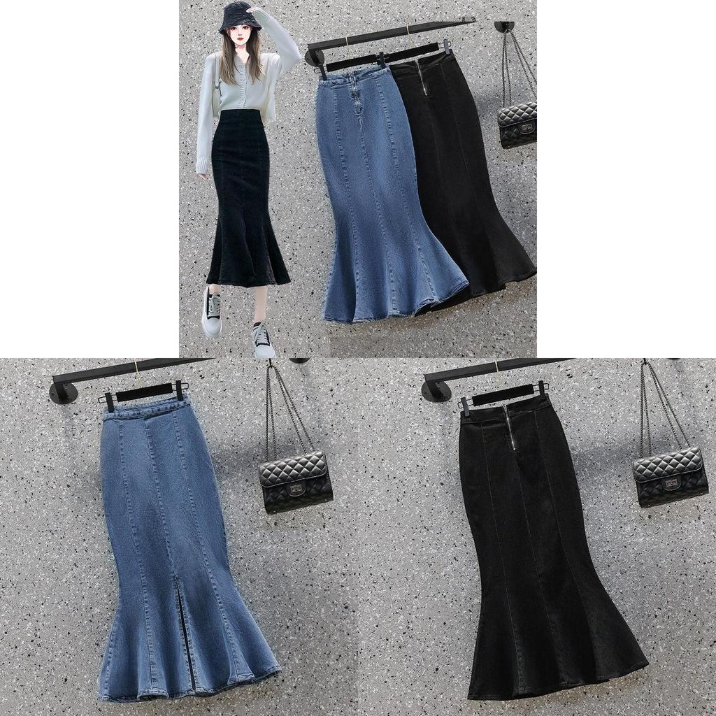 Denim Pencil Skirt With Ruffle Hem For Office Women Autumn Winter