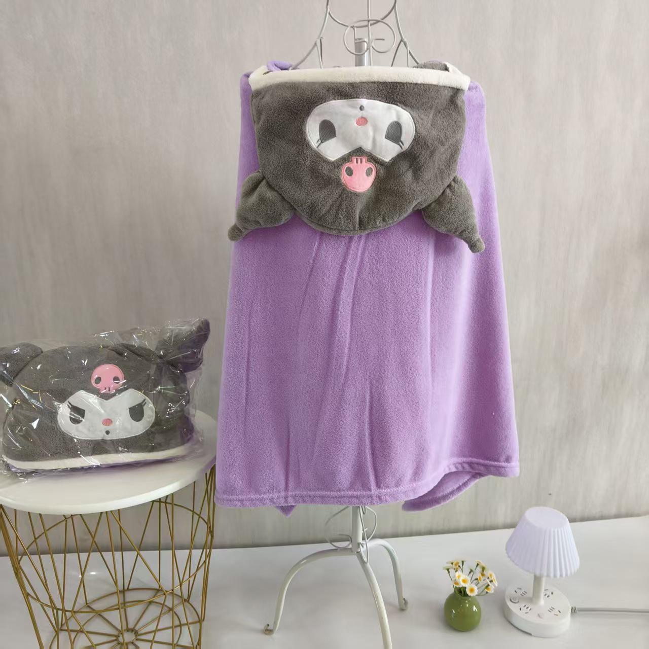 Kuromi Cinnamoroll Kids Hooded Quick-Dry Coral Fleece Towel Robe - Soft, Absorbent, No Shedding 70*140cm