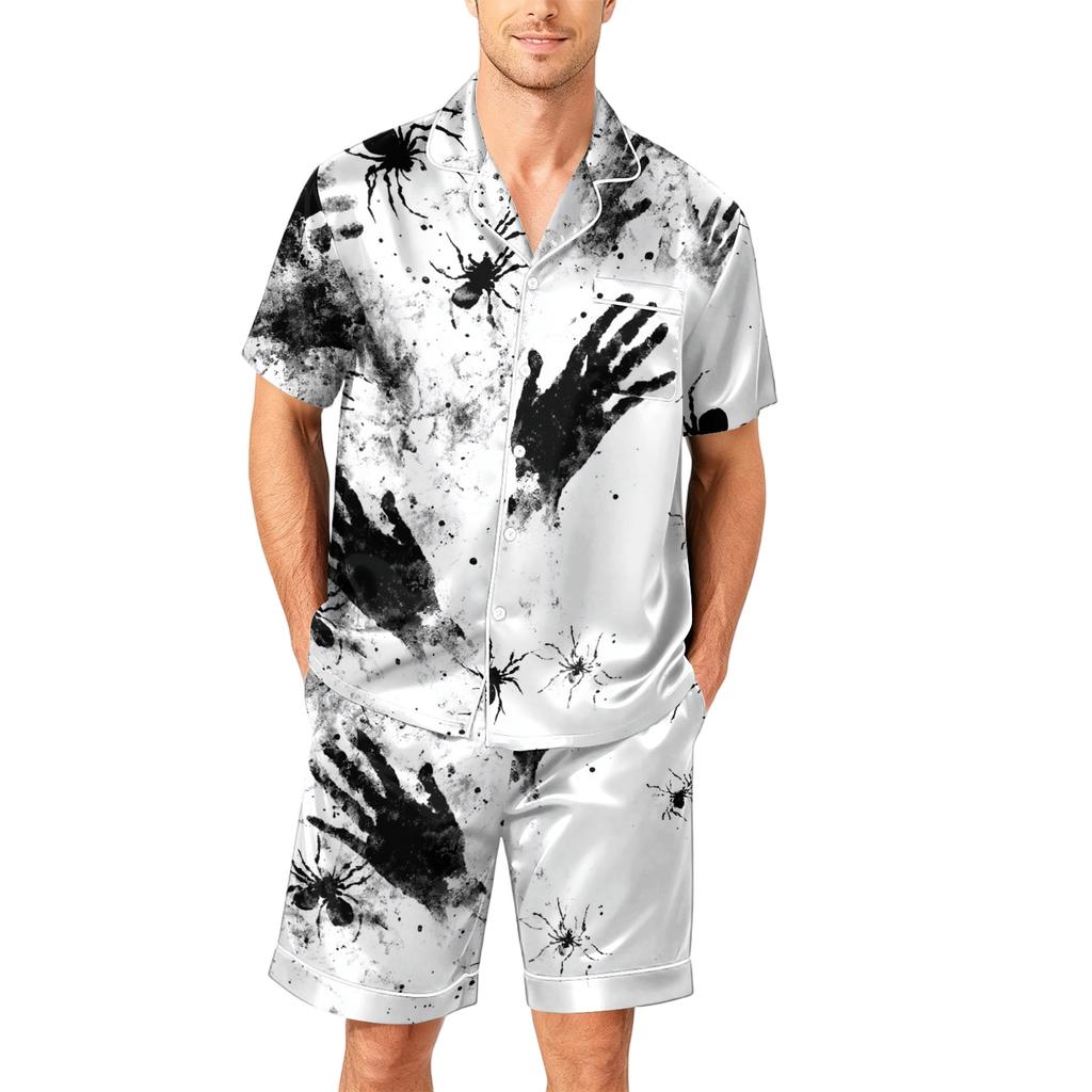 Men's Short Sleeve Pajama Set Button Down Shirt with Curved Hem and Matching Shorts Soft Casual Sleepwear S To XXXXL