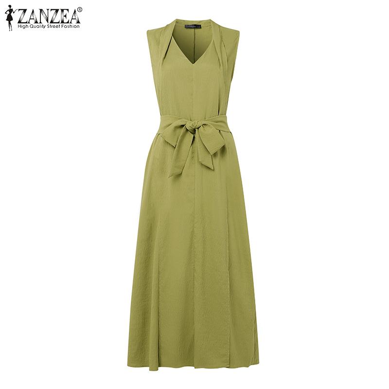 ZANZEA Damen V-Ausschnitt Sommer Casual Ärmellos Langes Kleid