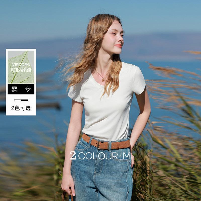 

European and American careful machine V-neck black short-sleeved T-shirt women, summer new Korean slim-fitting and thin top S