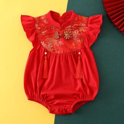 Roter Kurzarm Baby Mädchen Sommer Strampler Einteiler - Outfit für den ersten Geburtstag, 100-Tage-Feier - Stil 5391